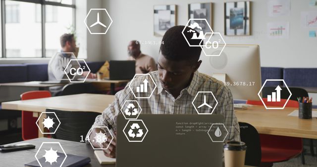Image of icons and data processing over african american businessman in office. Global business, finances, computing and data processing concept digitally generated image.