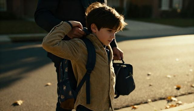 Parent adjusting schoolboy jacket and backpack on sunlit suburban sidewalk morning routine
