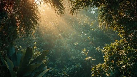 Louisiana morning sun rays illuminating rainforest canopy