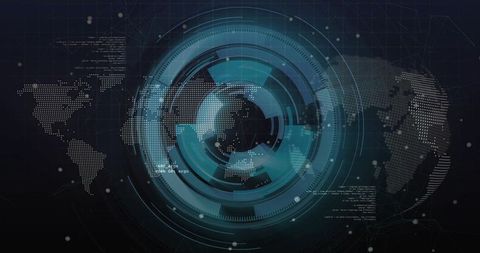 Futuristic holographic hud globe with cyan circular interface, rotating data rings