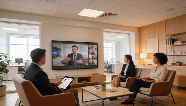 Executive team meeting with remote presenter on wall screen in modern office lounge