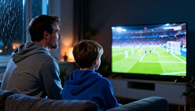 Father and son watching nighttime soccer on tv in cozy rainy living room