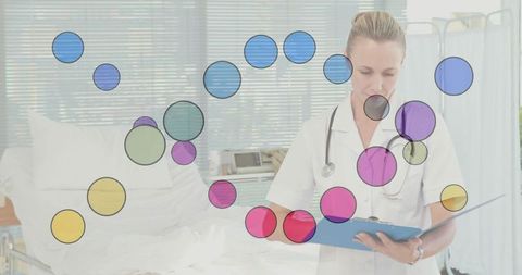Nurse reviewing patient chart at hospital bed with colorful data overlays