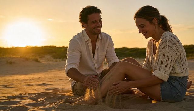 Couple playing with sand at beach sunset laughing during golden hour romantic moment