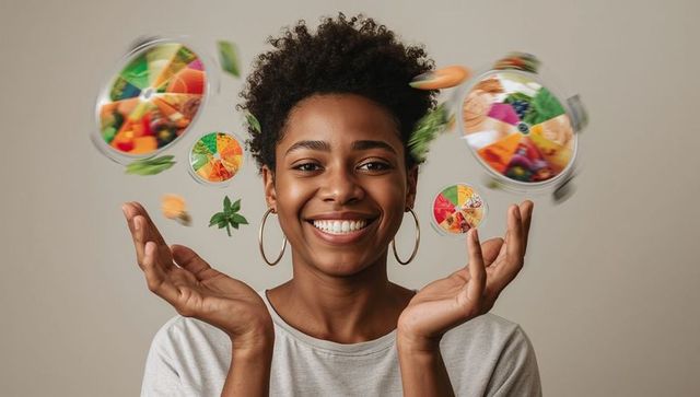 Smiling woman tossing translucent bowls of colorful fruit and herbs, healthy eating concept