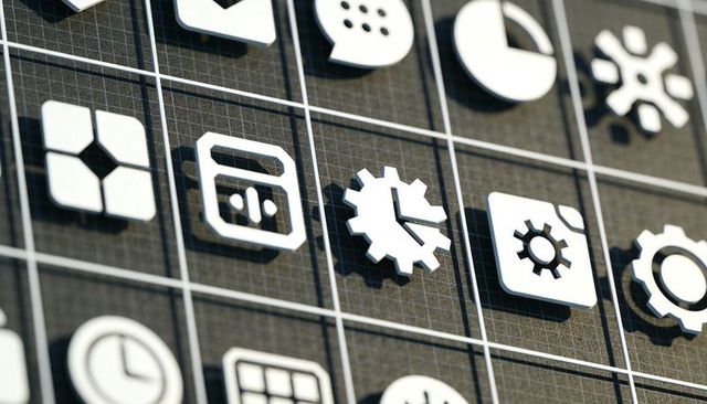Displaying 3d gear clock icon on dark grid with beveled ui glyphs for branding