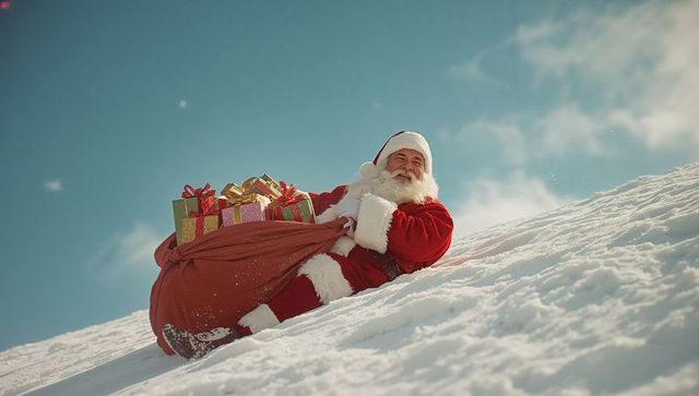 Santa claus sitting on snowy hill with overflowing gift sack