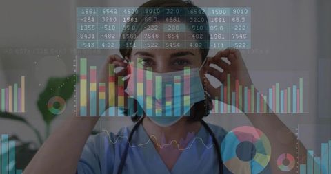 Female Healthcare Worker Analyzing Data with Digital Interface Overlay