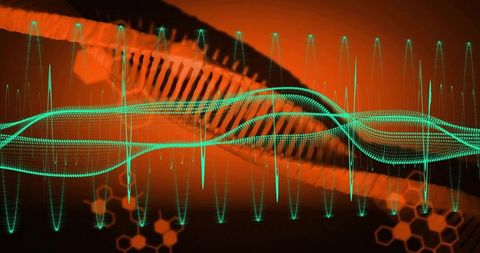 Abstract biotech waves with dna and hexagonal patterns