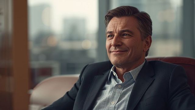 Confident executive relaxing with city skyline in background