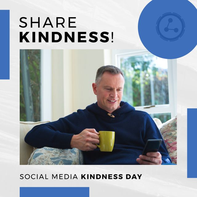 Mature caucasian man using smart phone while having coffee at home, social media kindness day text. Copy space, digital composite, raise awareness, being kind online, celebration, technology.