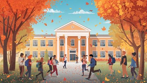 College campus in autumn with students enjoying falling leaves