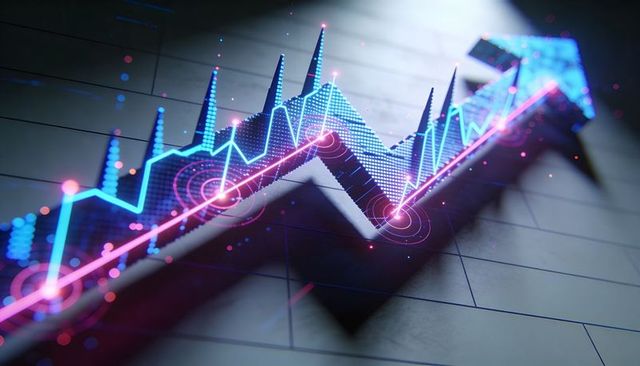 Neon data surge rising arrow with glowing nodes and digital graph visualization analytics