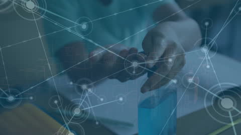 Student Using Sanitizer with Digital Network Overlay in Classroom