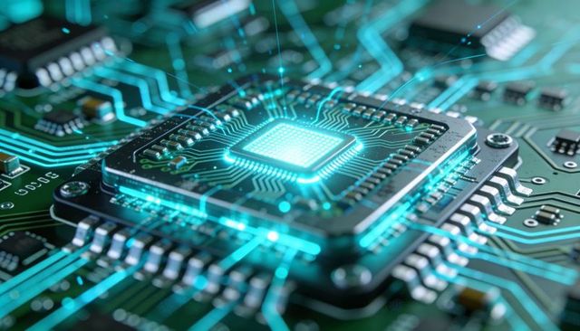 Glowing microprocessor emitting teal signal traces on circuit board close-up, revealing solder pads