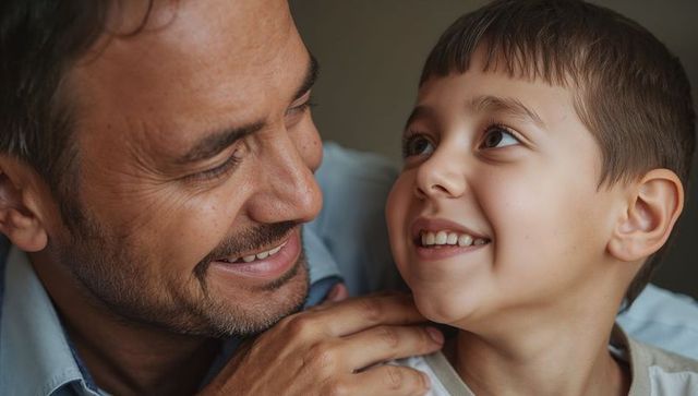 Father and young son sharing warm smile and close bond with hand on shoulder, home portrait