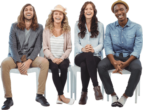 Diverse Happy Team Sitting on Transparent Chairs Smiling