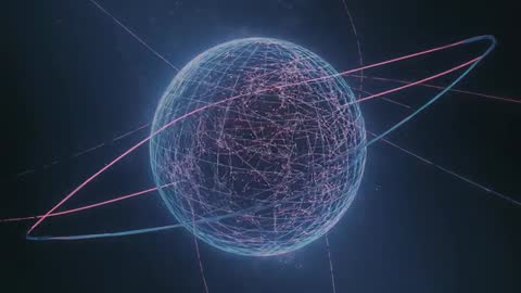 Futuristic Rotating Digital Sphere with Orbiting Rings