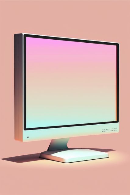 Retro styled computer monitor with neon gradient screen on pink background. Perfect for use in vintage technology blogs, modern digital art projects, retro-futuristic designs, and tech-themed advertisements.