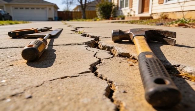 Close-up cracked driveway repair tools claw hammer screwdriver pry bar on concrete slab