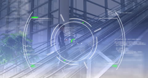 Businessman Using Phone on Escalator with Tech Overlay