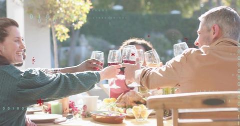 Sunlit Backyard Family Toasting Around Roasted Turkey Outdoor Holiday Gathering and Toast