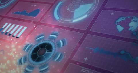 Futuristic Holographic Dashboard Displaying Radial HUD, Radar, Charts and Global Data