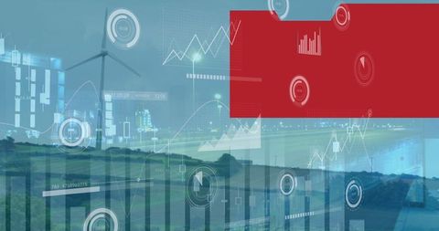 Futuristic renewable energy dashboard on wind farm