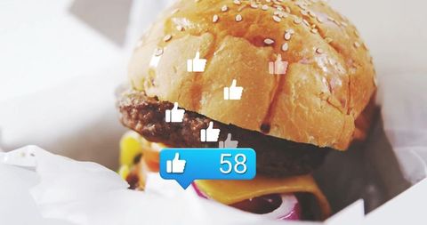 Cheeseburger with Social Media Likes Overlay in Cafe Box