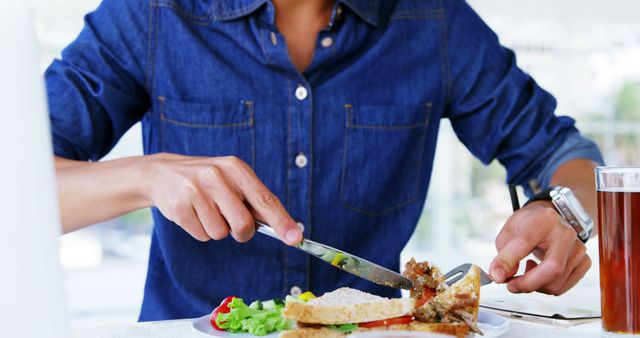 Person in Denim Shirt Eating Healthy Sandwich Meal - Download Free Stock Images Pikwizard.com