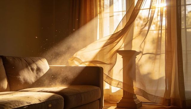 Golden sunlight streaming through sheer curtains illuminating dust motes over sofa