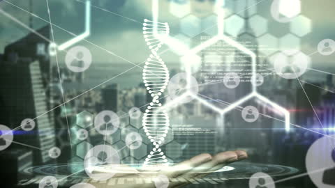 Futuristic DNA Strand Hologram with Digital Data Overlay