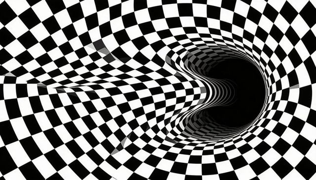 Warped checkerboard tunnel pulling viewer into dark vortex of monochrome optical illusion