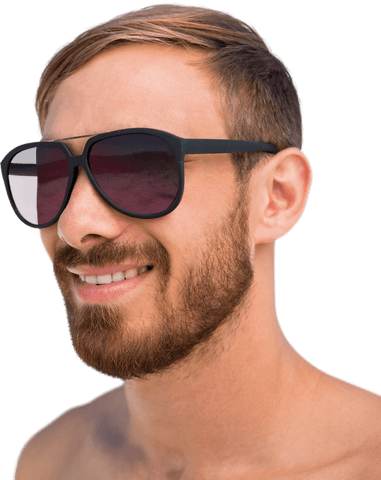 Happy caucasian man smiling wearing sunglasses on transparent background