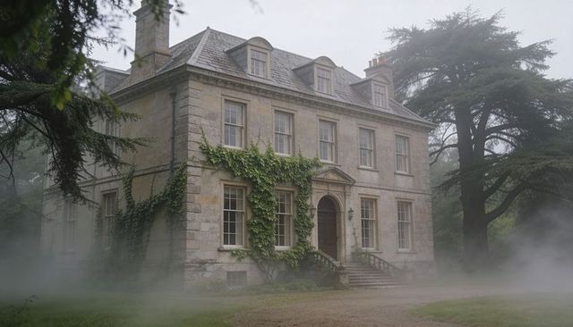 Ivy-clad georgian manor with stone facade and dormer windows shrouded in morning mist