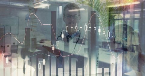 Doctor pointing at medical data visualization with candlestick charts double exposure