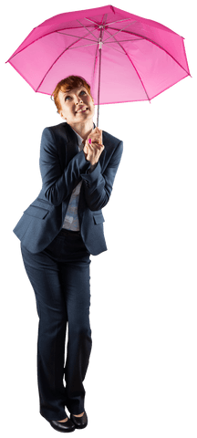 Caucasian businesswoman with pink umbrella on transparent background