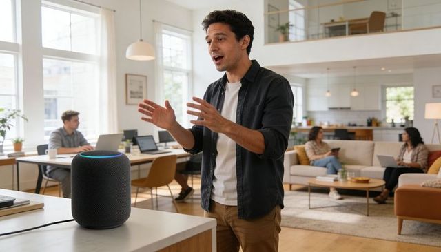 Man giving voice commands to smart speaker in modern open-plan coworking home