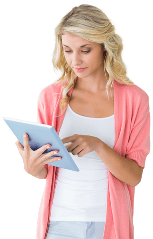 Caucasian Businesswoman Engaging with Tablet on Transparent Background
