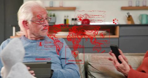 Senior couple reacting to system hacked warning on tablet and phone in cozy living room