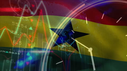 Ghana Flag Overlaid with Financial Data and Clock Elements