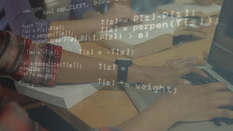 Students Coding on Laptop with Digital Data Overlay