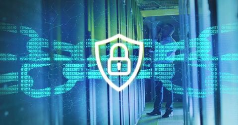 Data security in modern server room with technician