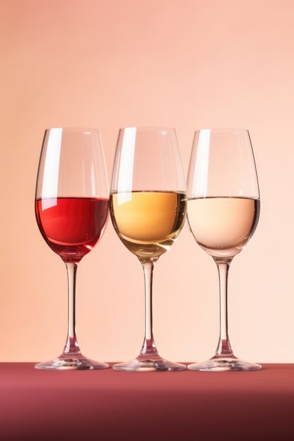 Three glasses of red, white and rose wine on pink background, created using generative ai technology. Wine week, drink, alcohol and wine tasting awareness concept digitally generated image.