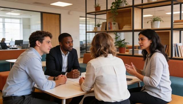 Collaborating around table in modern open-plan office lounge discussing strategy