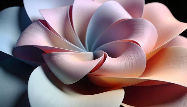 Layered paper spiral sculpture with pastel gradient petals, abstract origami design