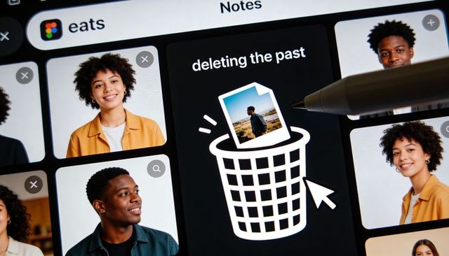 Deleting past on tablet screen with stylus hovering over trash bin, portrait tiles, minimalist
