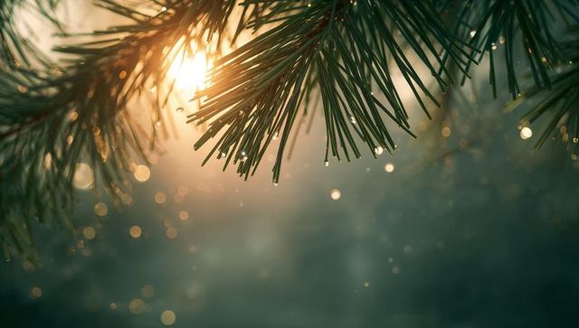 Dew-Dripped Pine Needles in Morning Light Bokeh