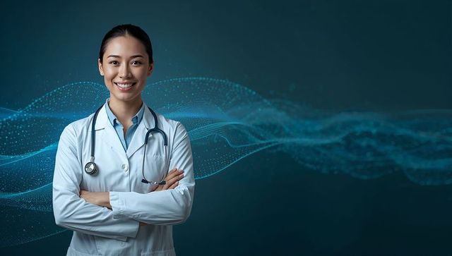 Confident female doctor standing arms crossed with stethoscope and digital health wave