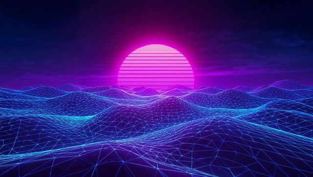 Futuristic neon sunrise with digital wireframe landscape